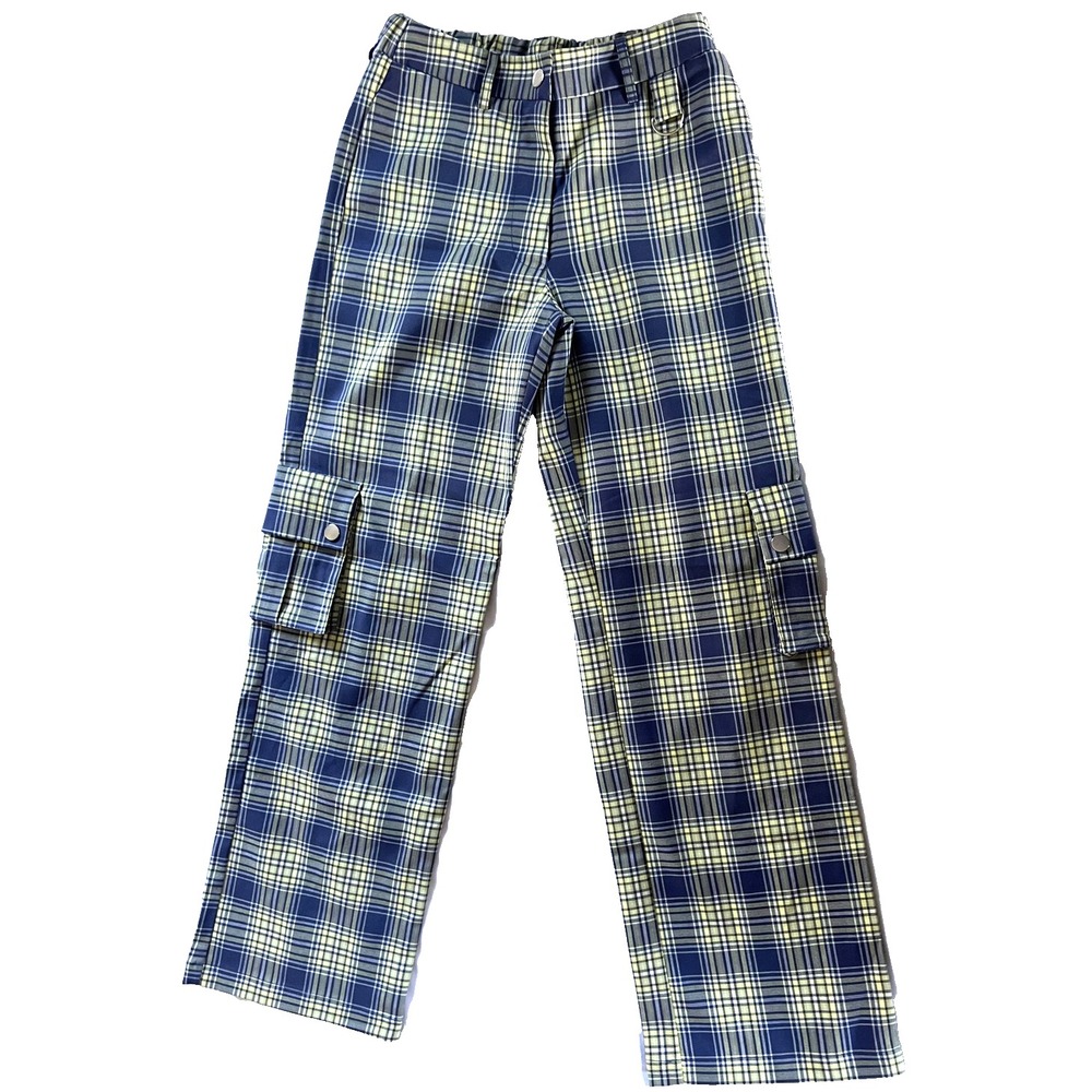Forever 21 Cargo Pants Womens S Blue Yellow Plaid Straight High Rise Pockets NWT